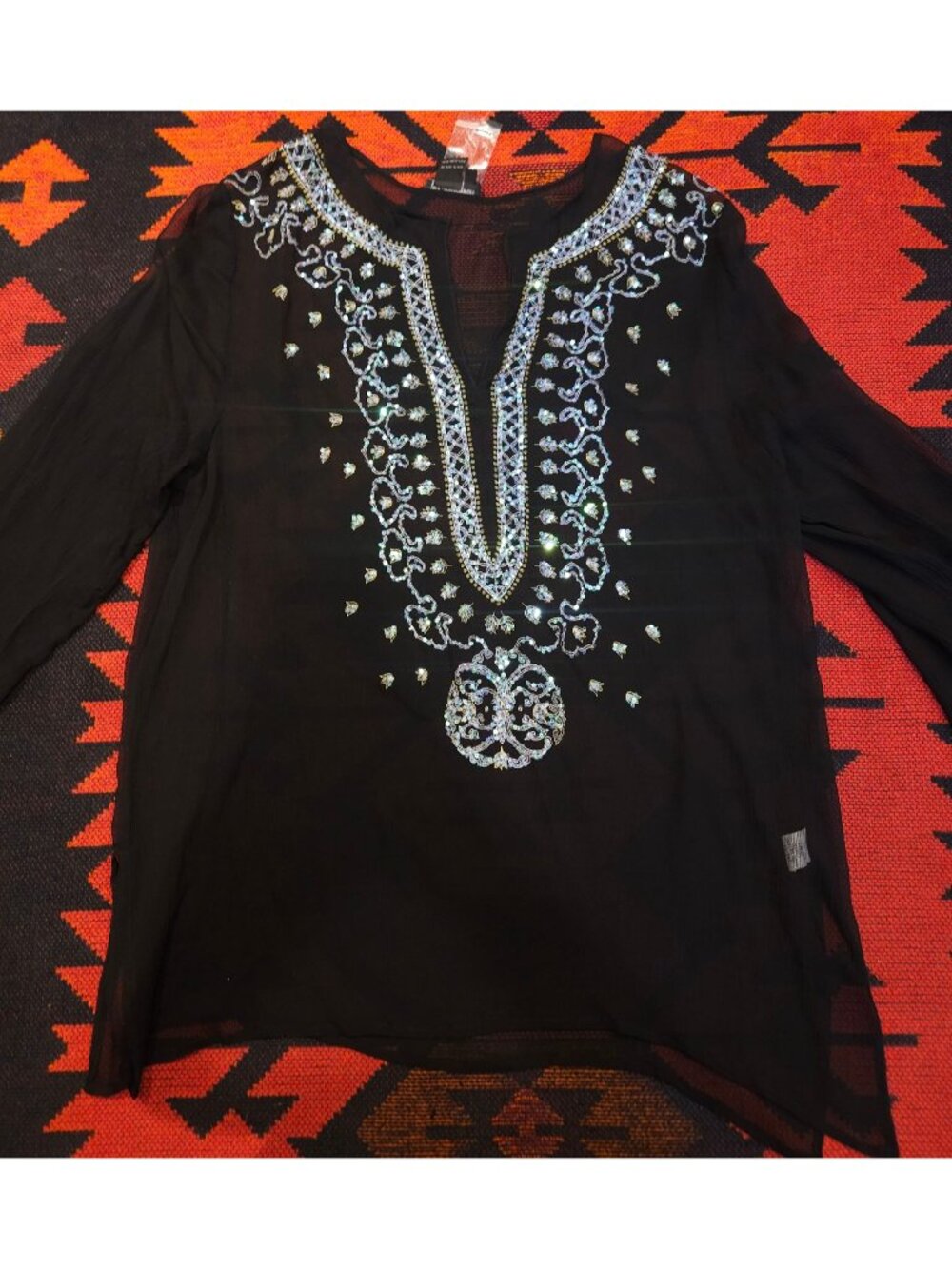 NEW Sheer Black Beaded Tunic Top By Venus 100% Silk Size L Embellished Details